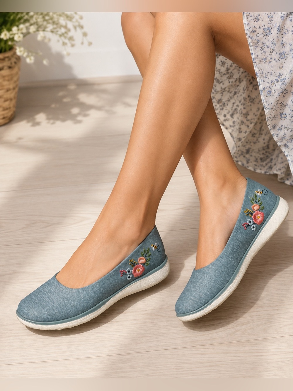 Skechers Blue Floral Embroidered Slip-On Flats